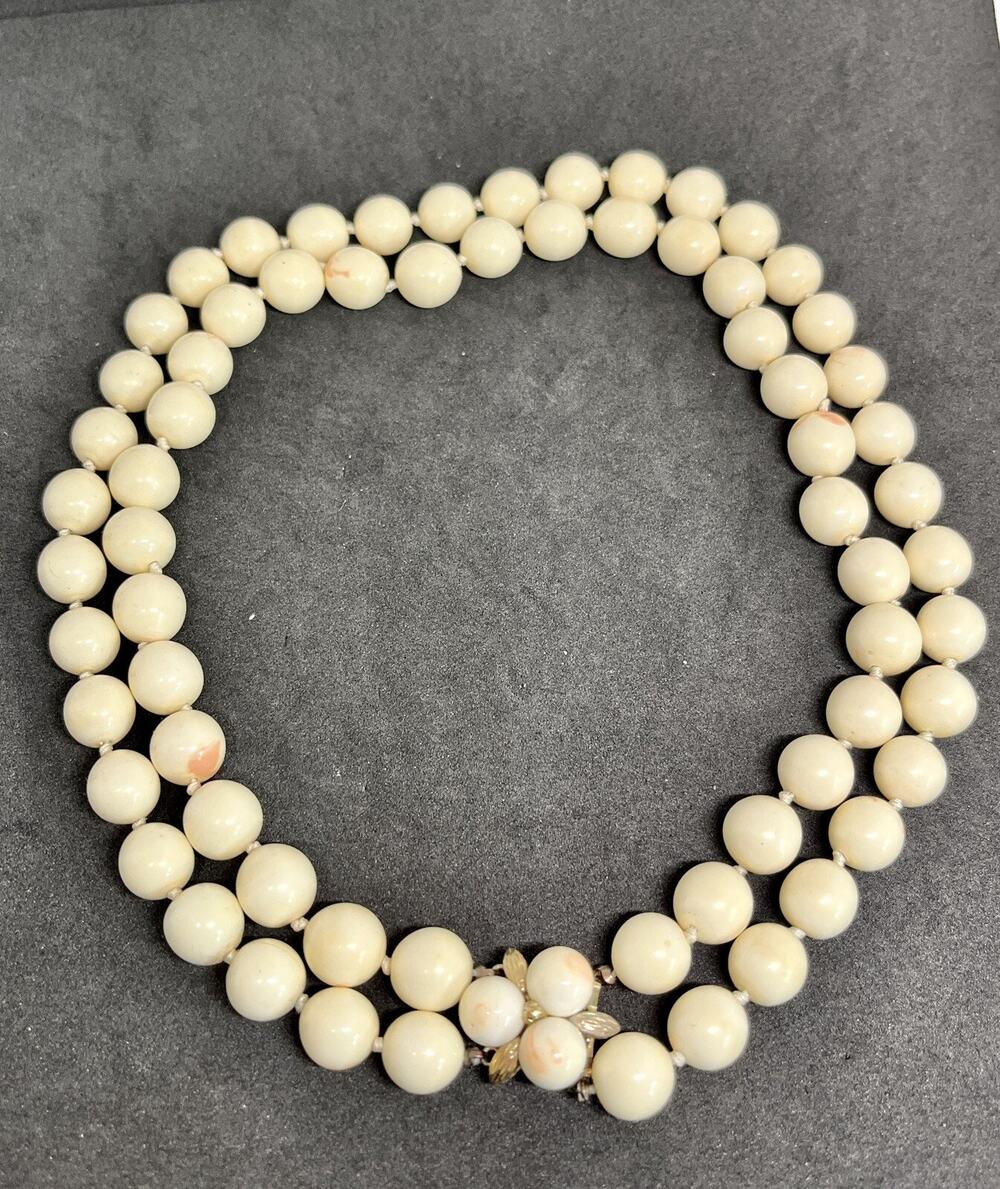 Vintage Ciner Signed Golden Floral Clasp Two Strand Faux White Coral Necklace
